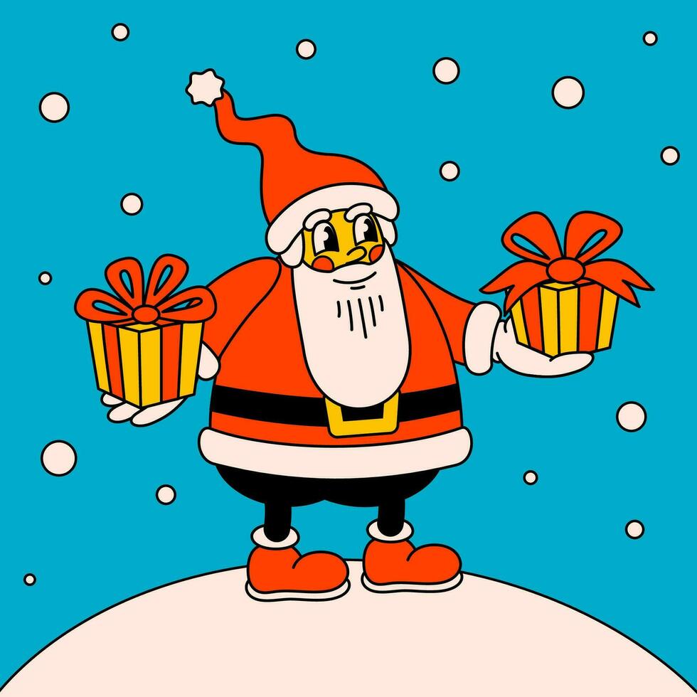 alegre Navidad y contento nuevo año de moda retro dibujos animados tarjeta. maravilloso hippie Navidad Papa Noel claus con regalos. vector dibujos animados caracteres y elementos