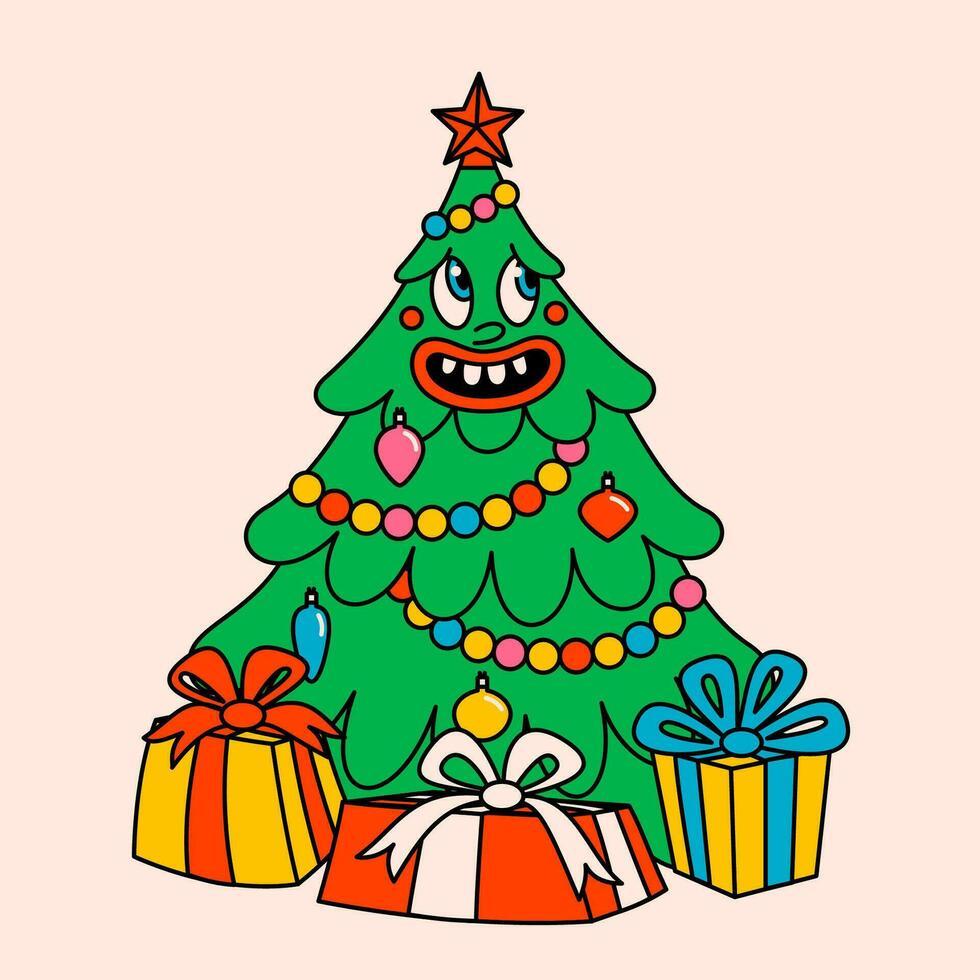 Merry Christmas and Happy New year trendy retro cartoon characters. Groovy hippie Christmas tree. Vector Cartoon characters and elements