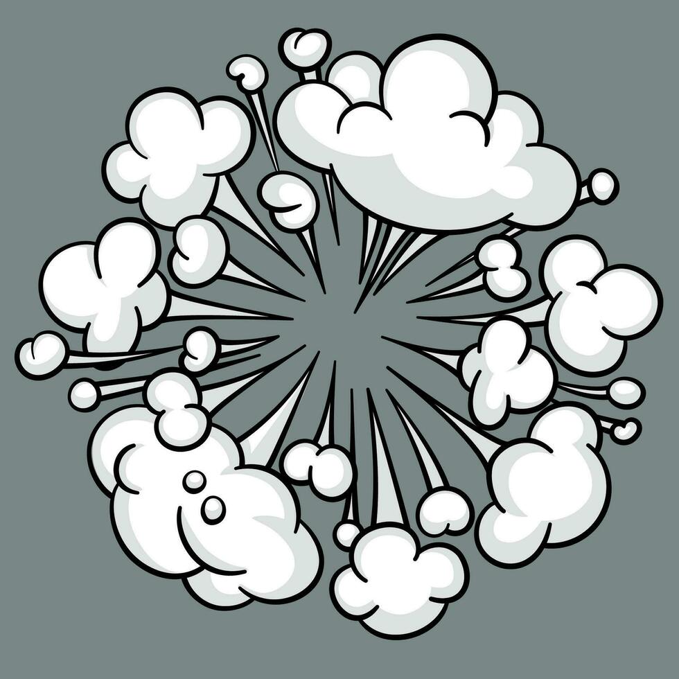 Comic cloud or smoke, cartoon vector motion effects, and explosions isolated on gray background. Vector illustration