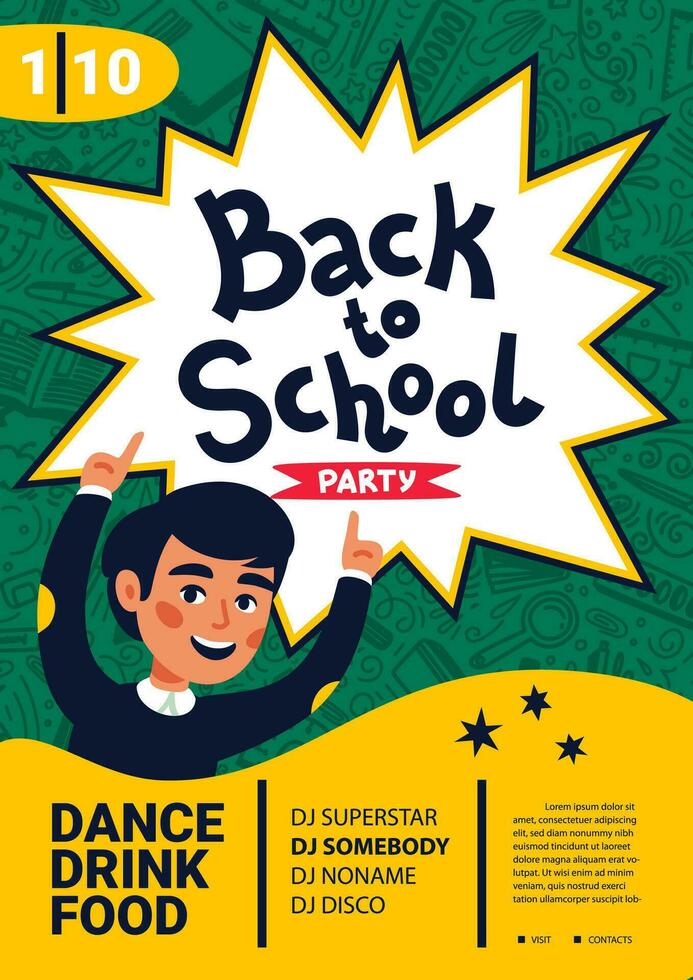 Back to school party poster. School dance party flyer. vector