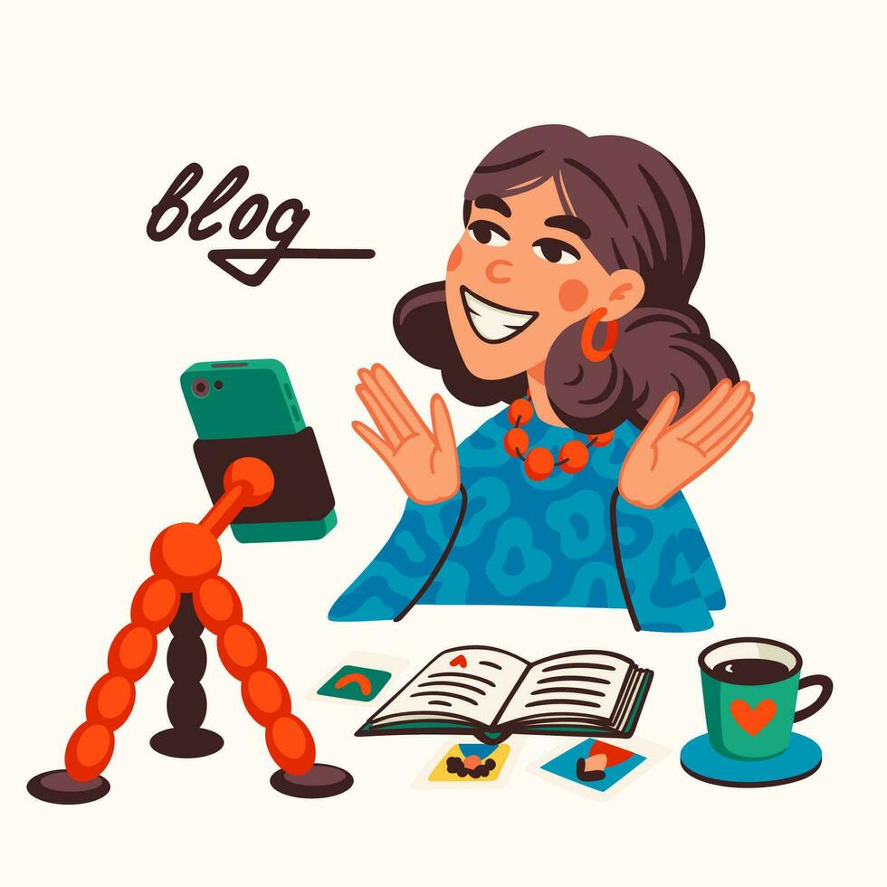 Blogging, making content for a blog or vlog vector illustration. Blogger or vlogger cartoon character making internet content vector flat illustration