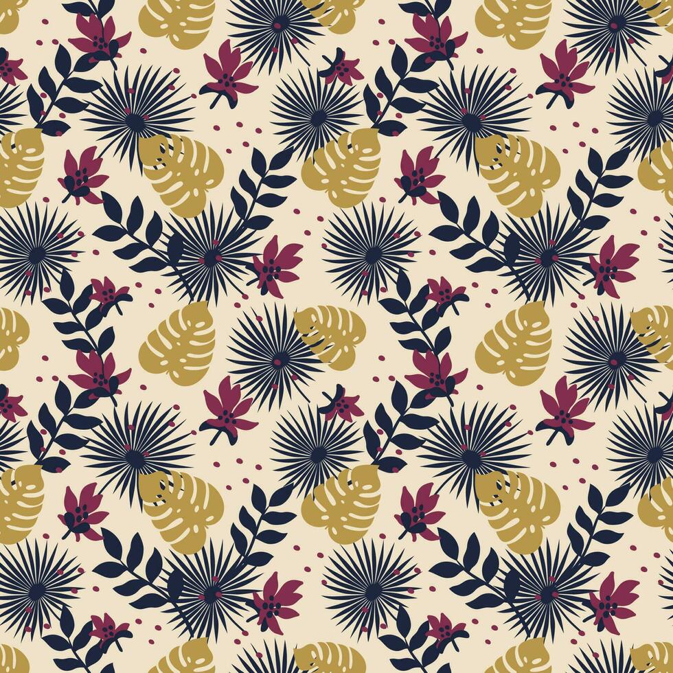 Seamless floral pattern, vector seamless background with summer exotic leaves. Organic flat style vector illustration