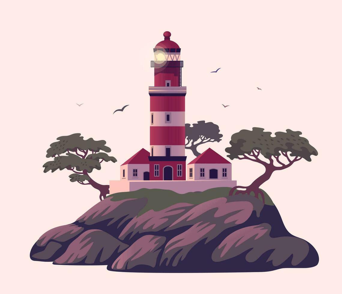 faro, hermosa Faro en el acantilado con pinos vector ilustración en plano dibujos animados estilo..