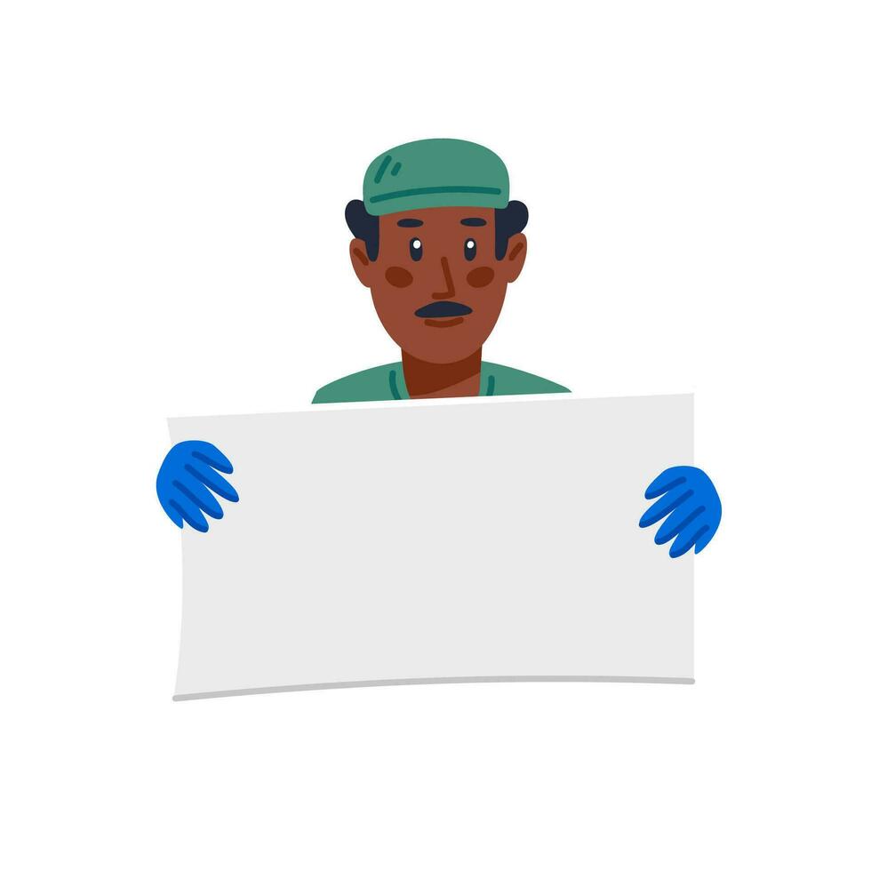 Stay home. Set of Tired doctors and nurses in different poses and with stay at home signs. Medical team in conditions of coronavirus pandemic, covd-19 quarantine. Flat style vector illustration.