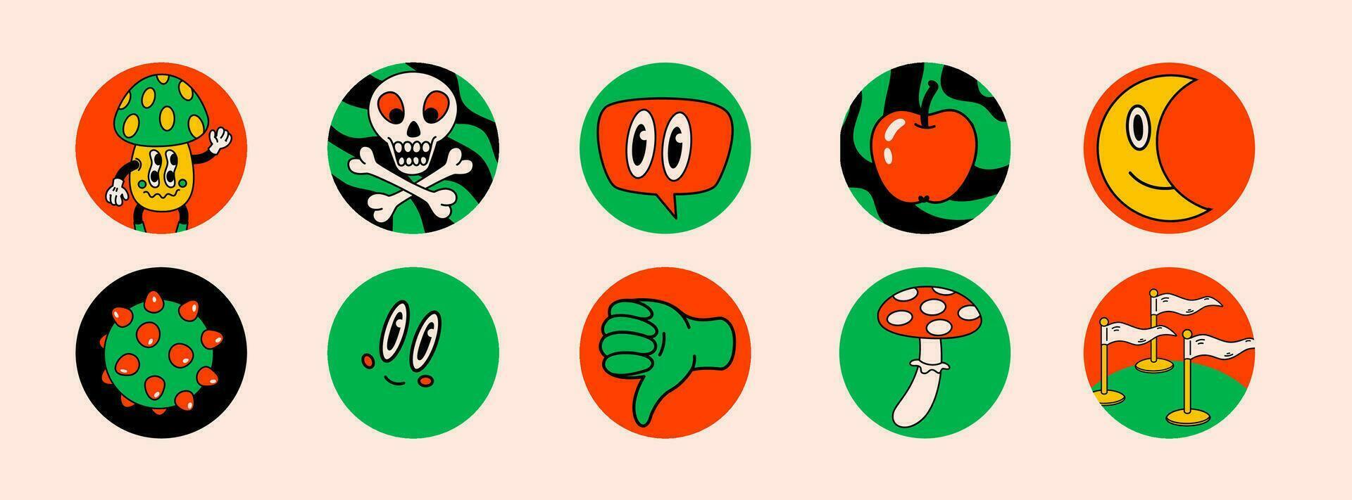 Cartoon vector abstract highlights covers for a social media stories. Crazy cartoons Abstract vector collection in trendy retro comic style