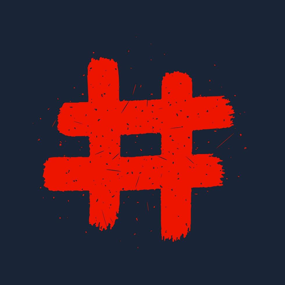 Hashtag, vector ink painted red tag on dark background. Hand Drawn vector illustration