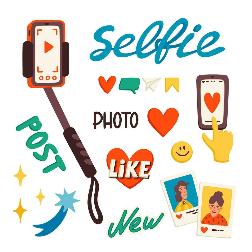 Selfie stick, and stickers for making a blog or vlog vector illustration. Cartoon icons for making internet content vector flat illustration
