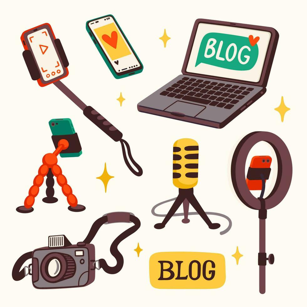 Vlogging, equipment for making a blog or vlog vector illustration. Set of cartoon digital devices for making internet content vector flat illustration.