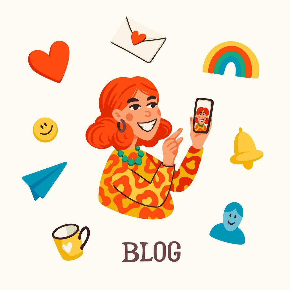 Blogger or vlogger cartoon character making internet content, vector flat illustration. young girl with a smartphone making content for a blog or vlog.