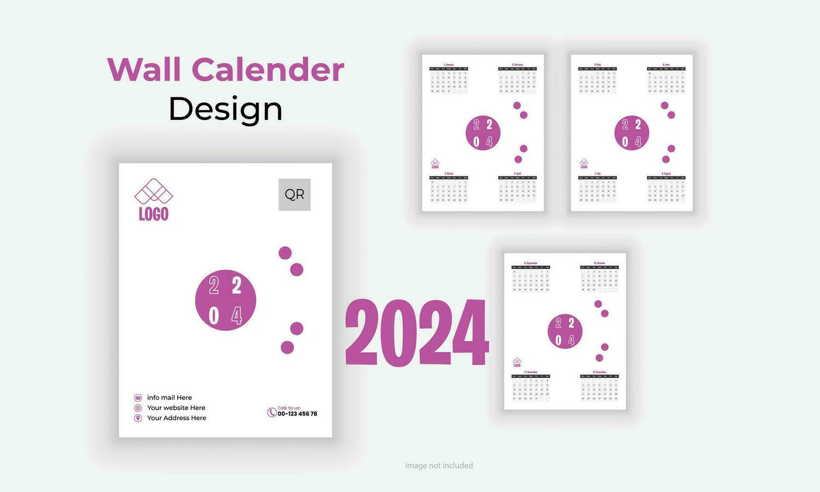 Set of 2024 bundle Wall calender planner design template with place for photo company logo. Vector layout of a wall simple calendar with week start Sunday. Calendar in purple color for print.