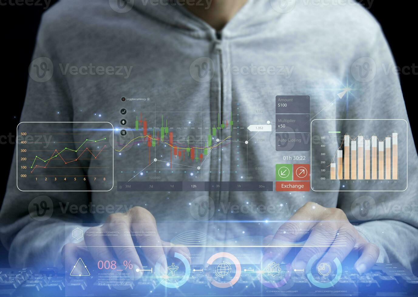 Planning and Strategy Stock Market Business Growth progress or success Businessman or trader hand touches showing virtual hologram stock invest in trading photo