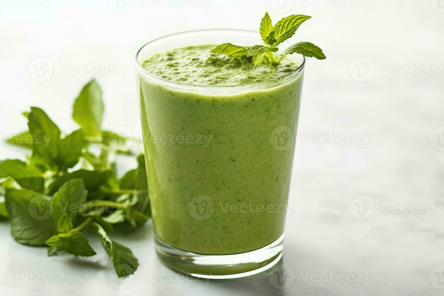 Refreshing Green Smoothie with Fresh Mint Leaves on White Marble Countertop - Health and Wellness Still Life - AI generated photo