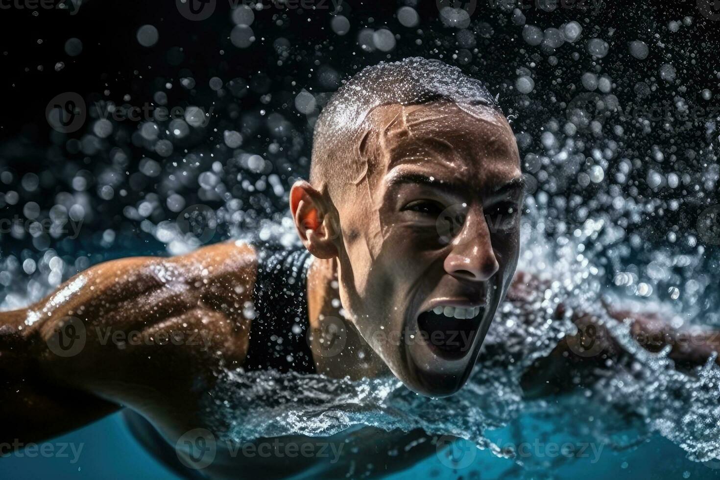 Competitive Athlete Diving into Pool for Swimming Race - Action Shot with High-Speed Photography and Underwater View - AI generated photo