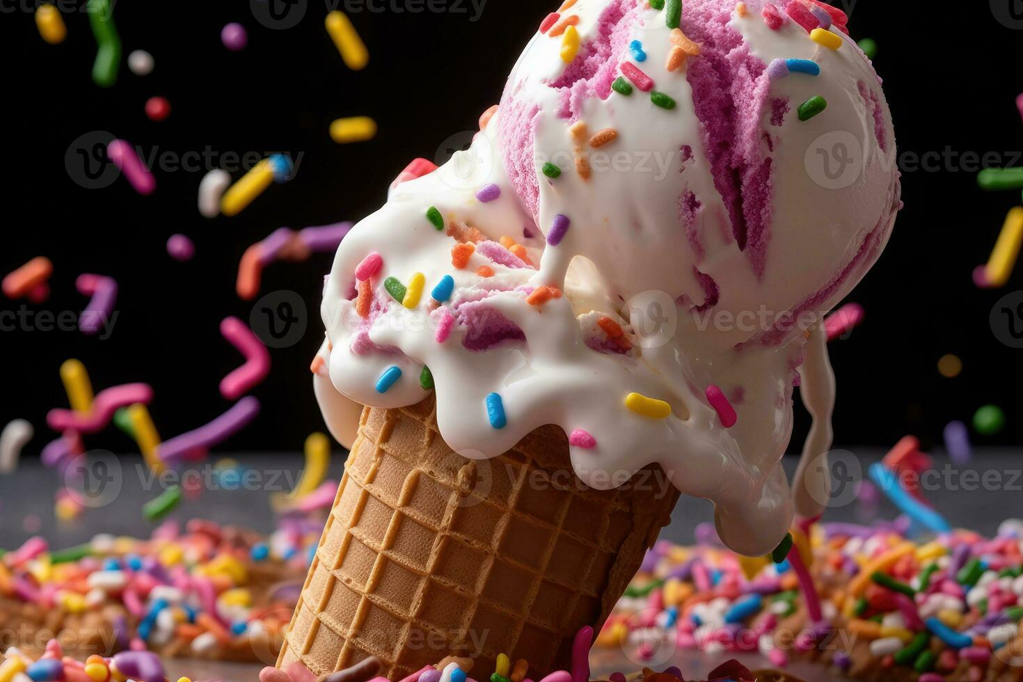 Sweet Temptation - A Close-Up of a Melting Ice Cream Cone - AI generated photo