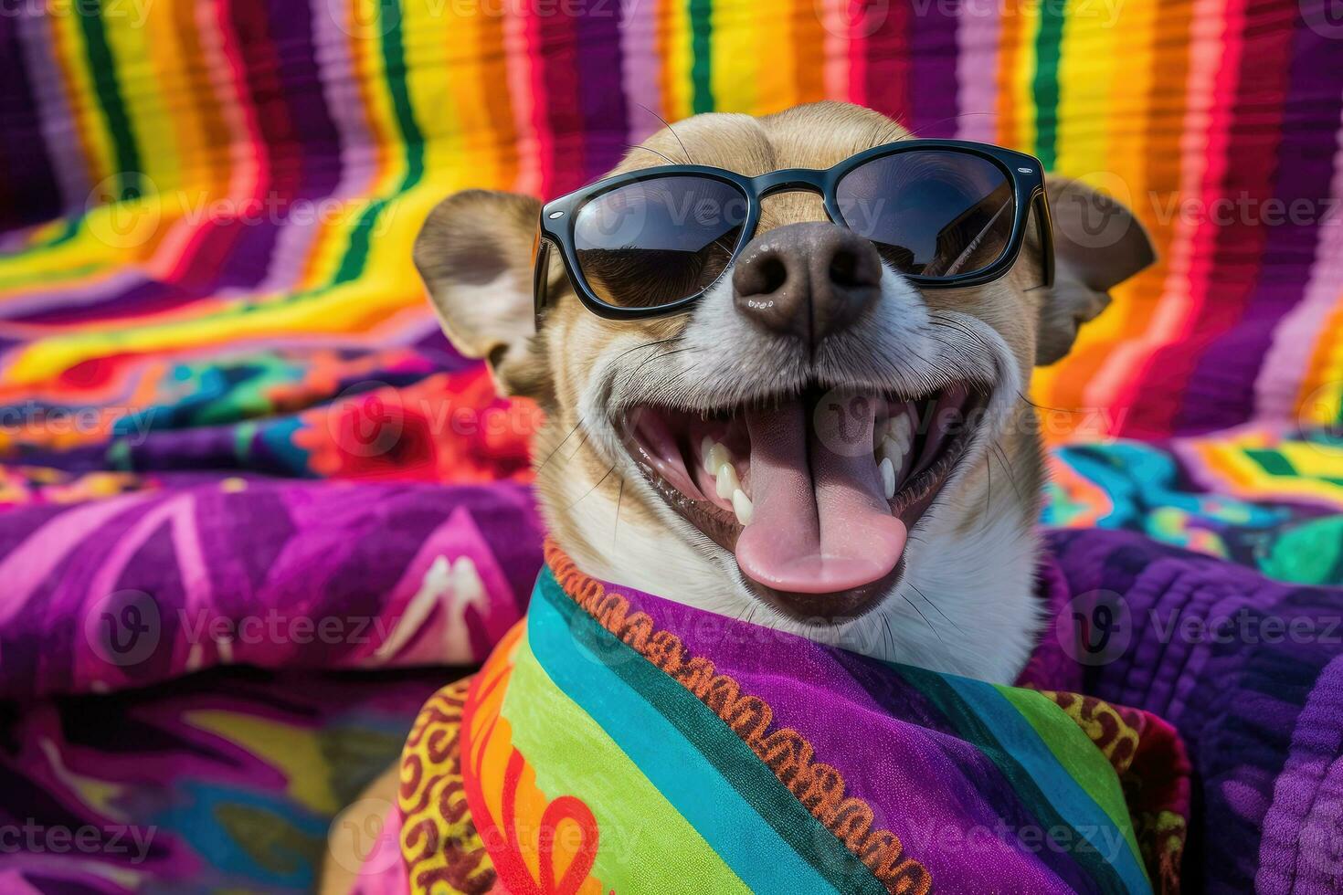 Chihuahua Beach Day - Playful Pup with Sunglasses on Colorful Towel - AI generated photo