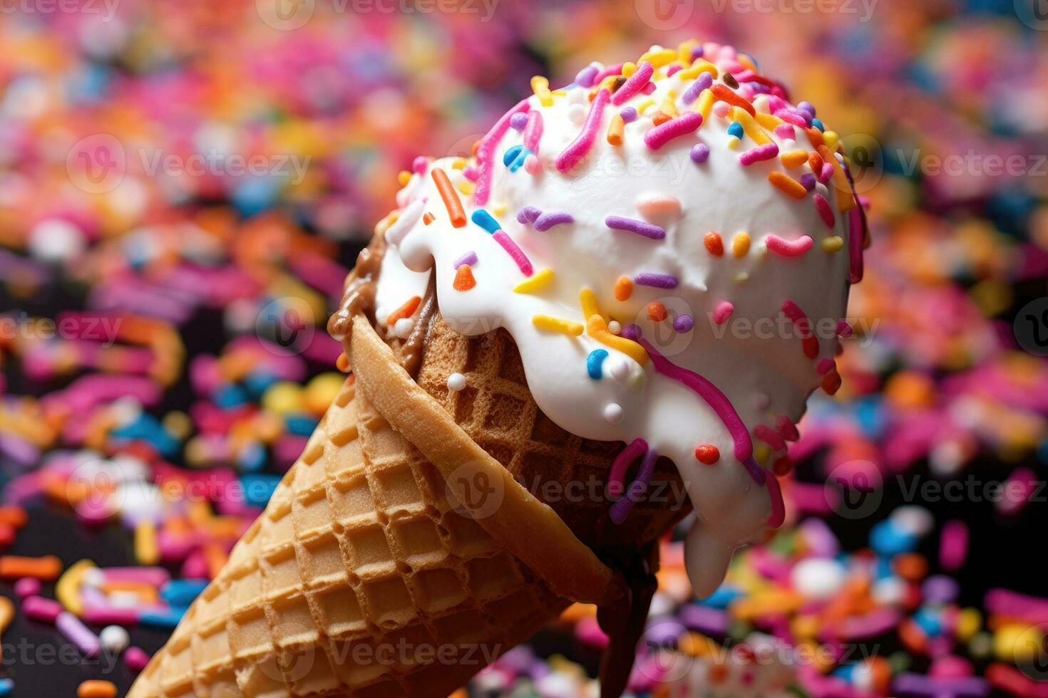 Summer Delight - A Colorful Close-Up of a Dripping Ice Cream Cone - AI generated photo