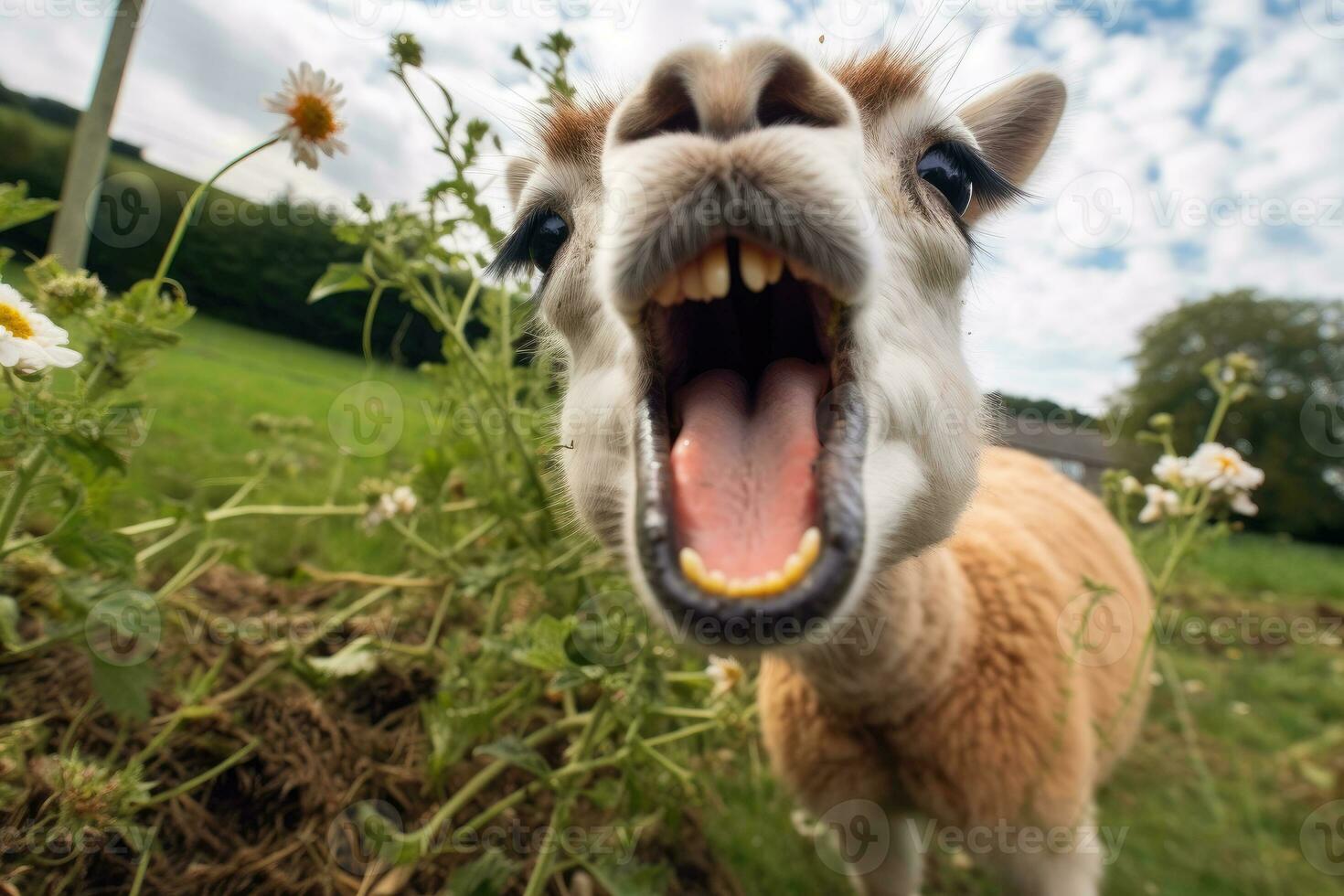 Fluffy Alpaca with Silly Face and Crossed Eyes - Close-up Humorous Portrait on Farm - AI generated photo