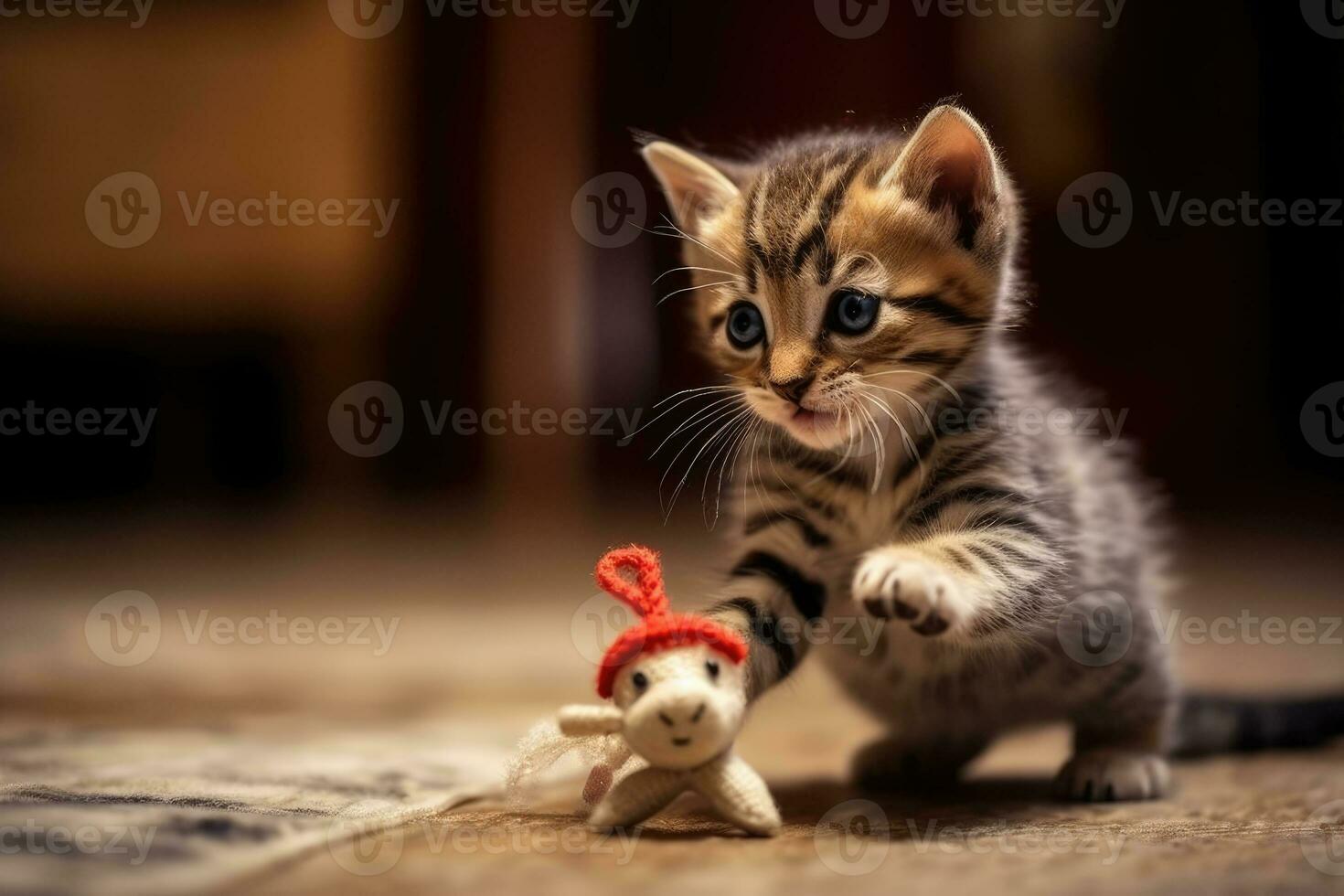 Curious Kitten Playing with Toy Mouse in Warm Home Environment - Close-up Animal Photo - AI generated