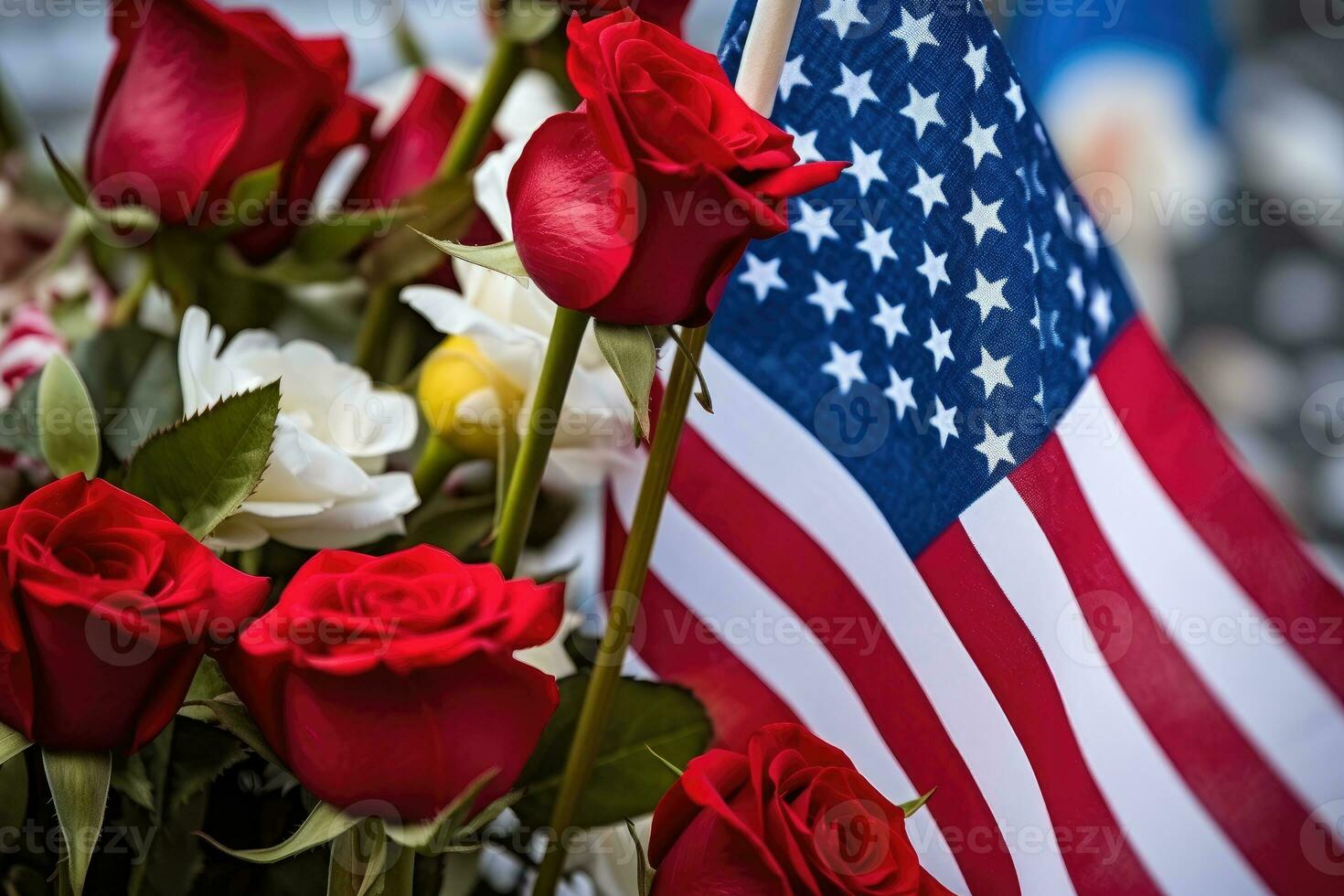 Respectful Memorial with American Flag and Red, White, and Blue Flowers in Close-up - AI generated photo