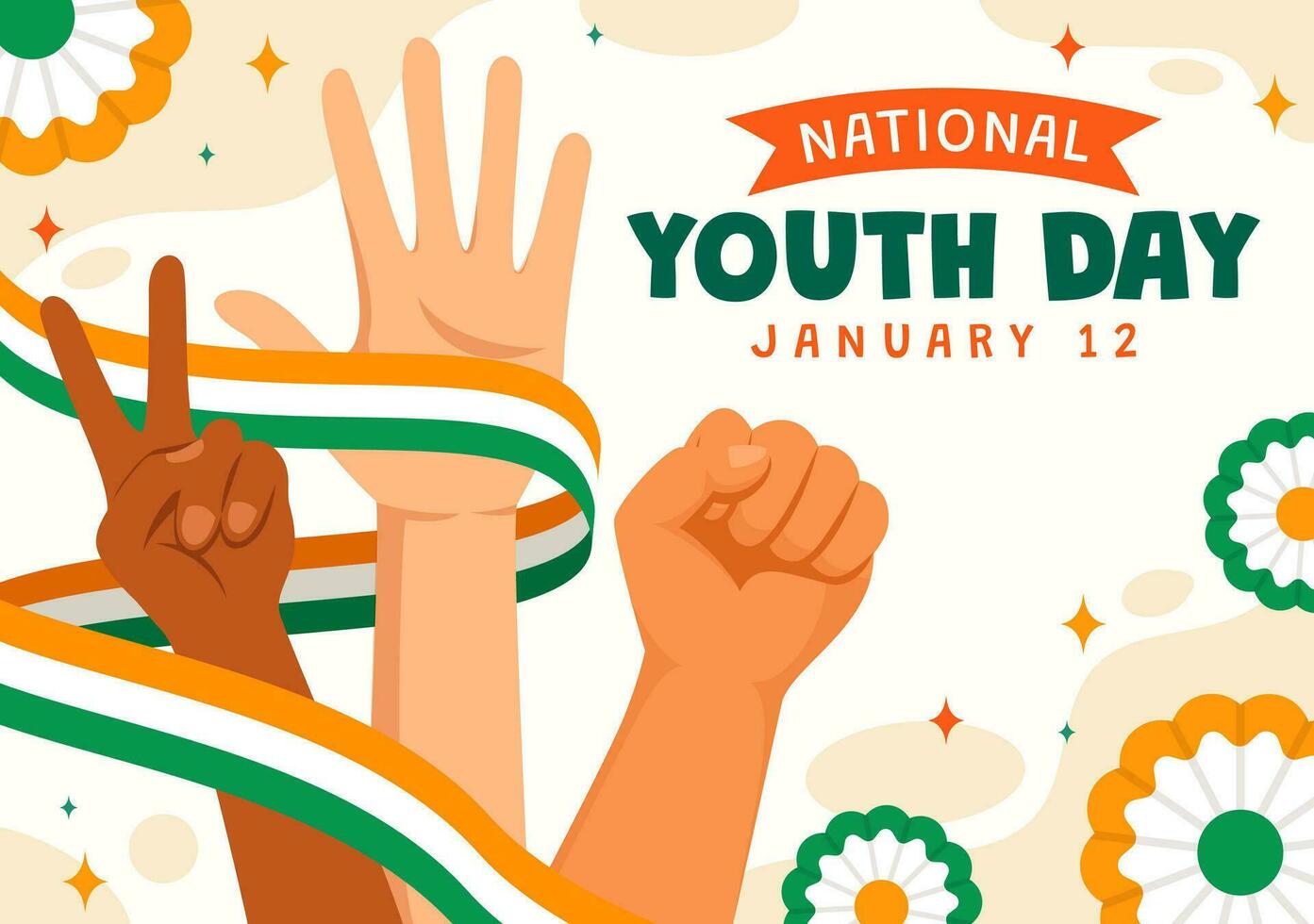 Happy International Youth Day of India Vector Illustration with Indian Flag and Young Boys or Girls Togetherness in Flat Kids Cartoon Background