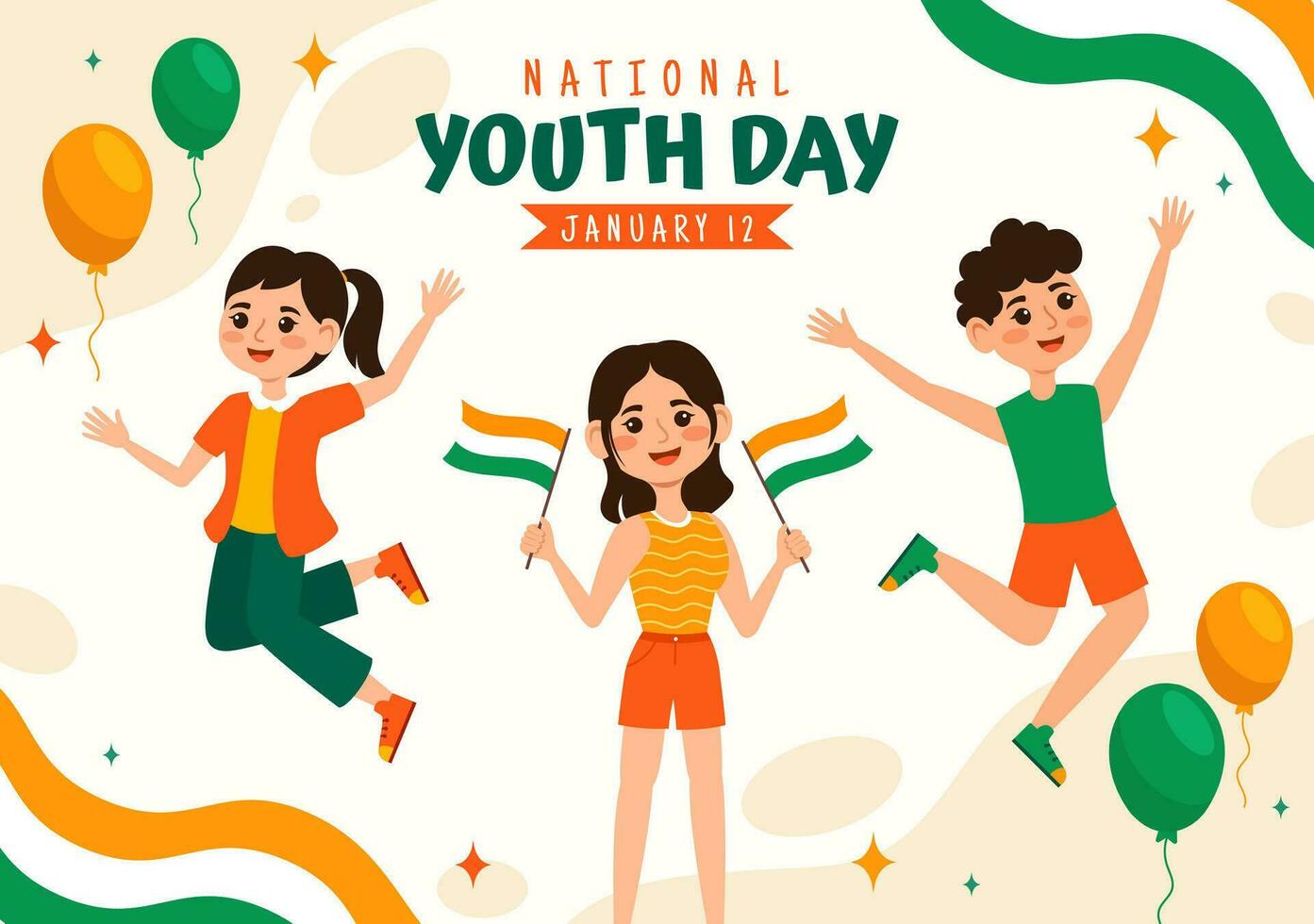 Happy International Youth Day of India Vector Illustration with Indian Flag and Young Boys or Girls Togetherness in Flat Kids Cartoon Background