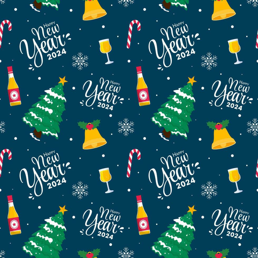 Happy New Year 2024 Seamless Pattern Illustration with Elements Decoration New Years Background vector