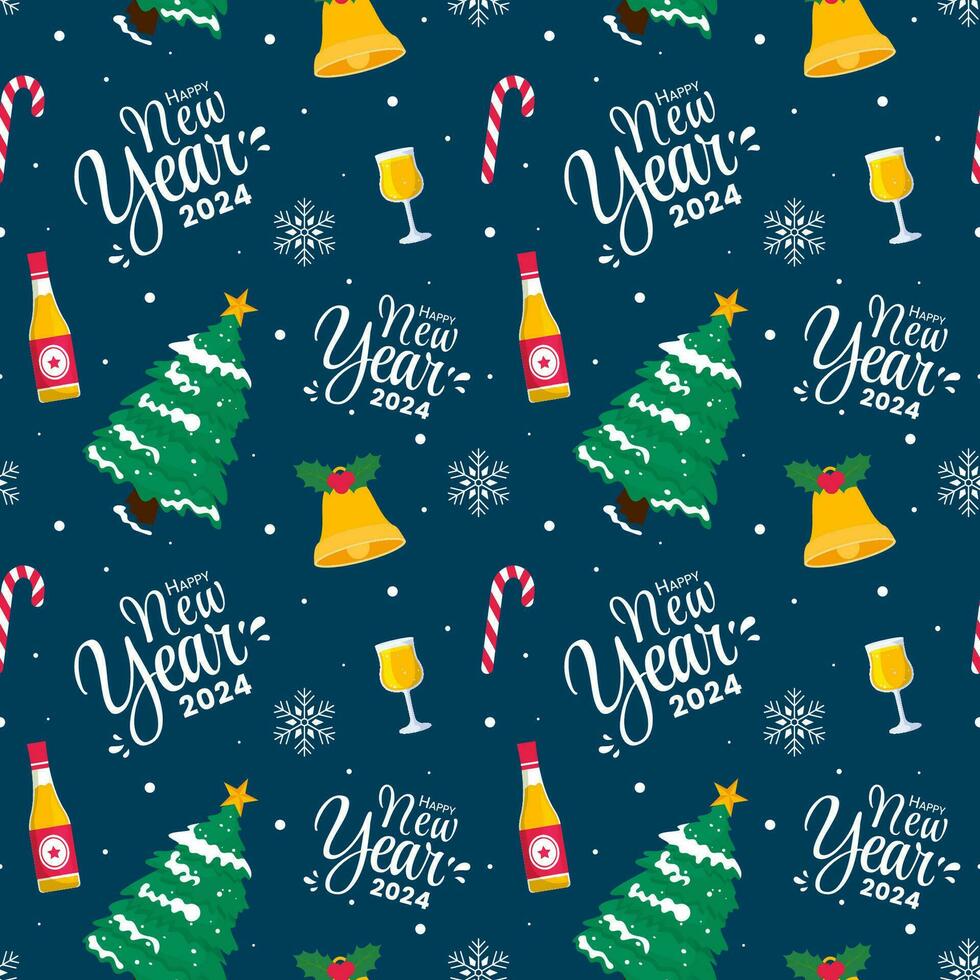 Happy New Year 2024 Seamless Pattern Illustration with Elements Decoration New Years Background vector