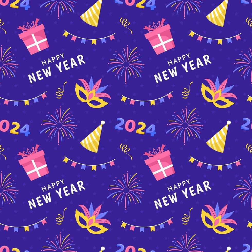 Happy New Year 2024 Seamless Pattern Illustration with Elements Decoration New Years Background vector