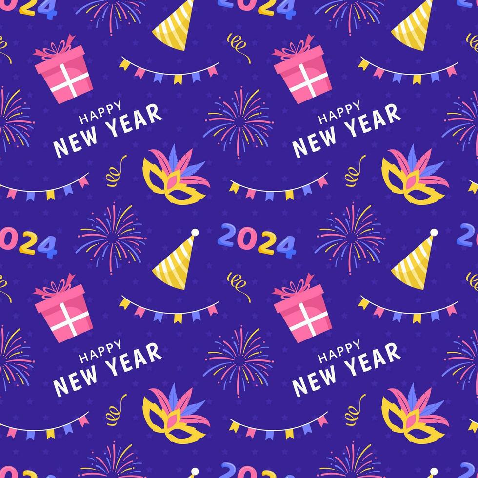 Happy New Year 2024 Seamless Pattern Illustration with Elements Decoration New Years Background vector