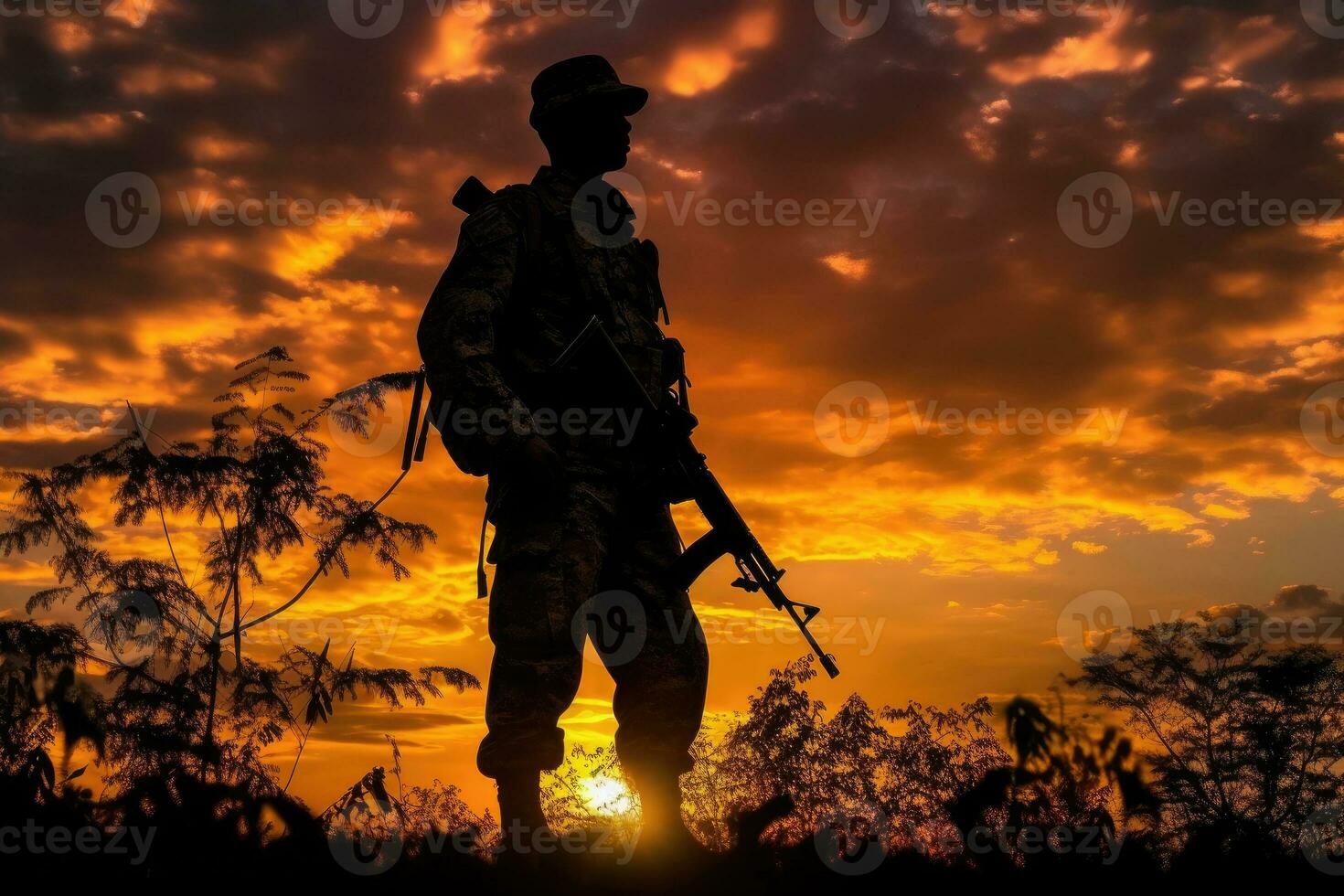 patriótico soldado silueta en contra vibrante puesta de sol cielo en guerra escena - ai generado foto