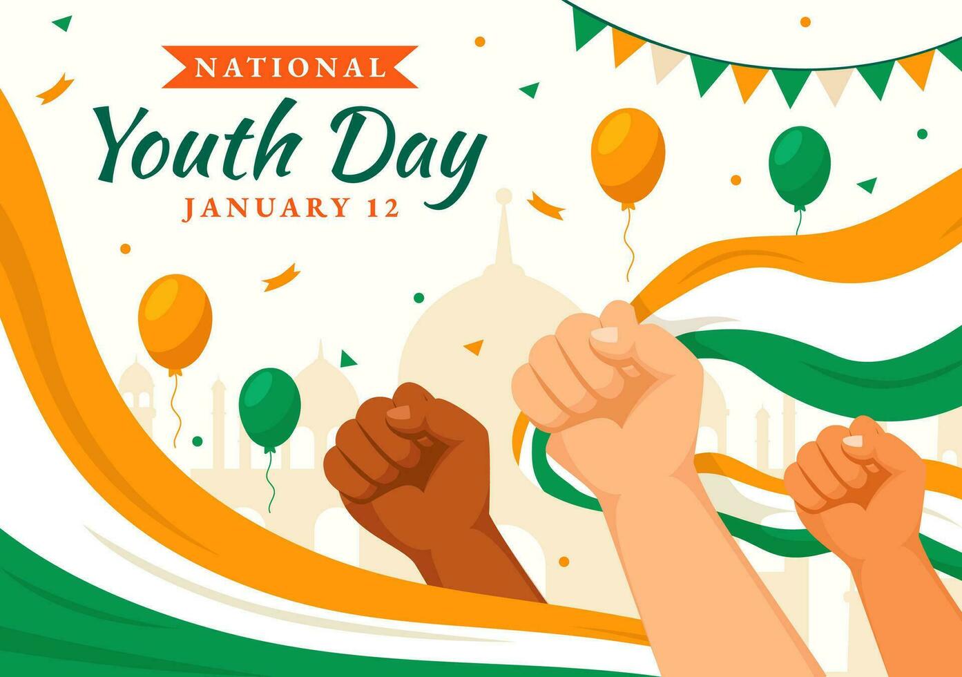 Happy International Youth Day of India Vector Illustration with Indian Flag and Young Boys or Girls Togetherness in Flat Kids Cartoon Background