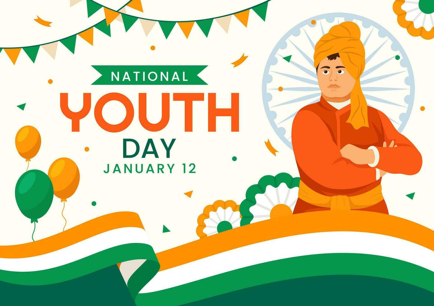 Happy International Youth Day of India Vector Illustration with Indian Flag and Young Boys or Girls Togetherness in Flat Kids Cartoon Background