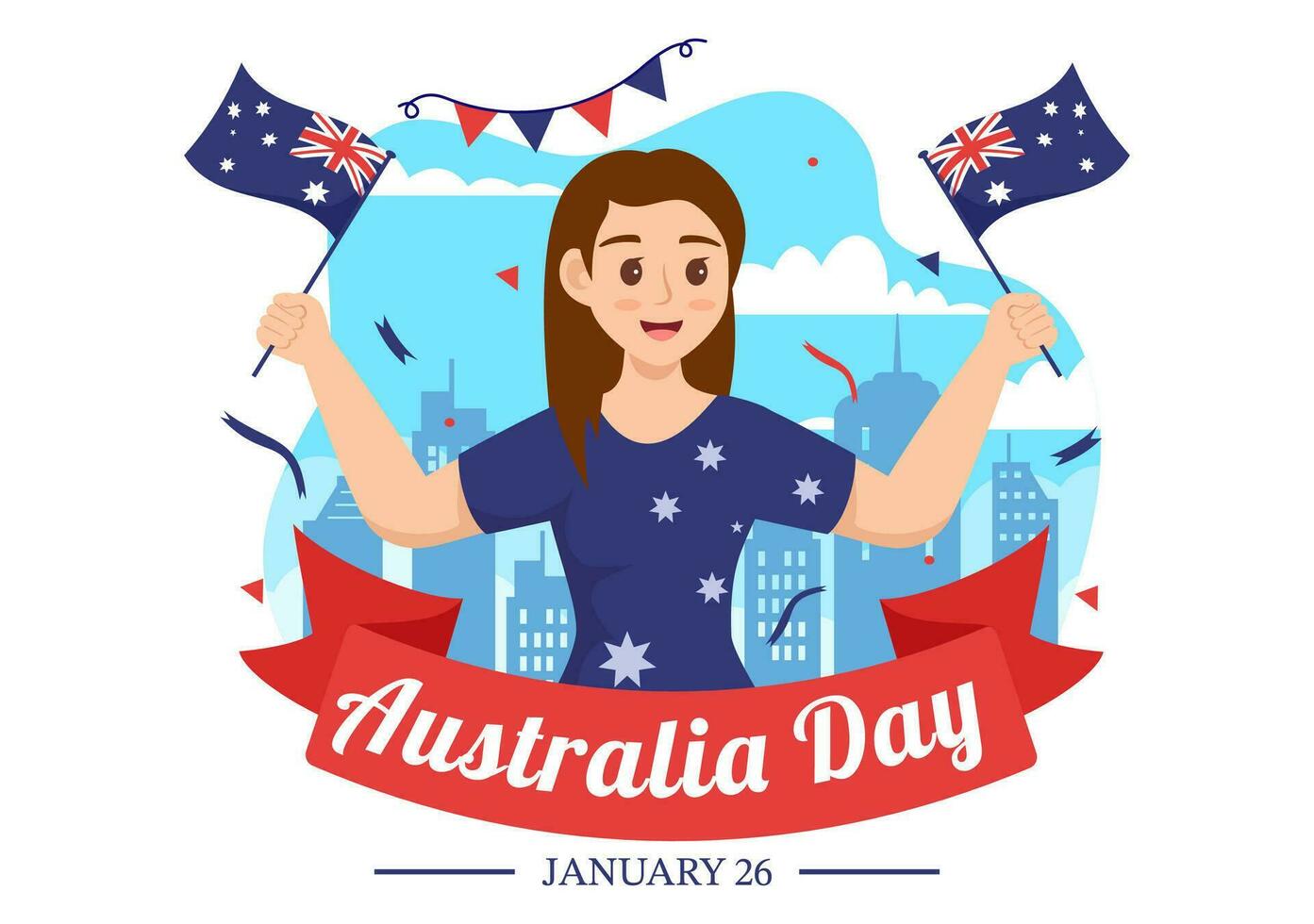 contento Australia día vector ilustración en 26 enero con mapa y australiano bandera para bandera o póster en plano dibujos animados antecedentes diseño