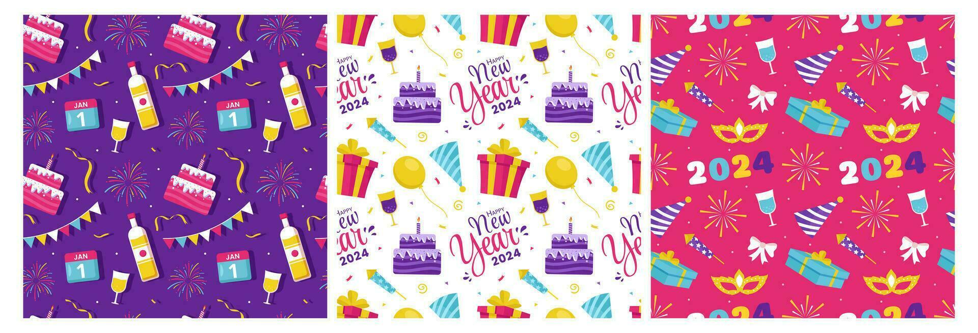 Set of Happy New Year 2024 Seamless Pattern Illustration with Elements New Years Background Design vector
