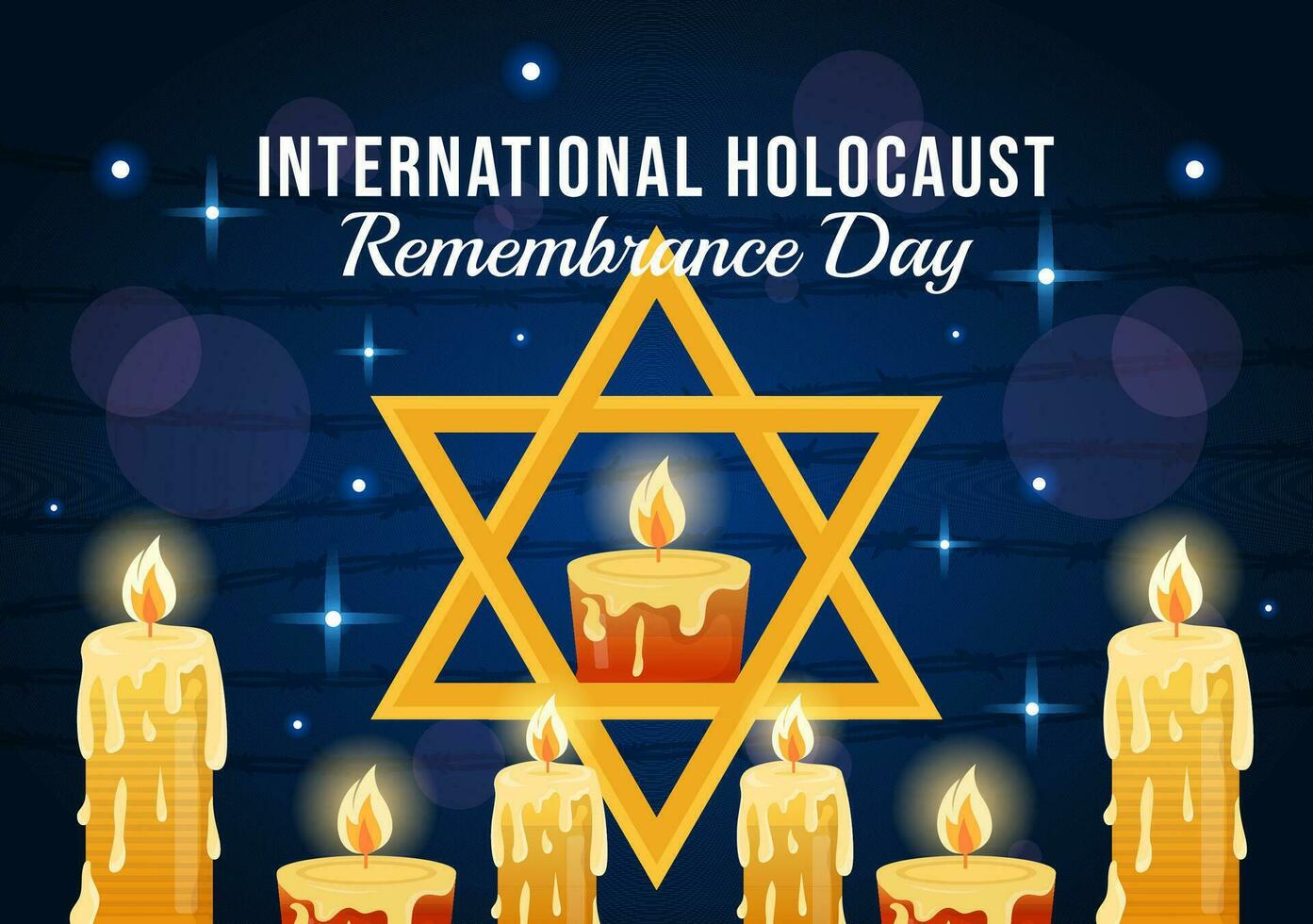 internacional holocausto remembranza día vector ilustración en 27 enero con amarillo estrella y vela a conmemora el víctimas en plano antecedentes