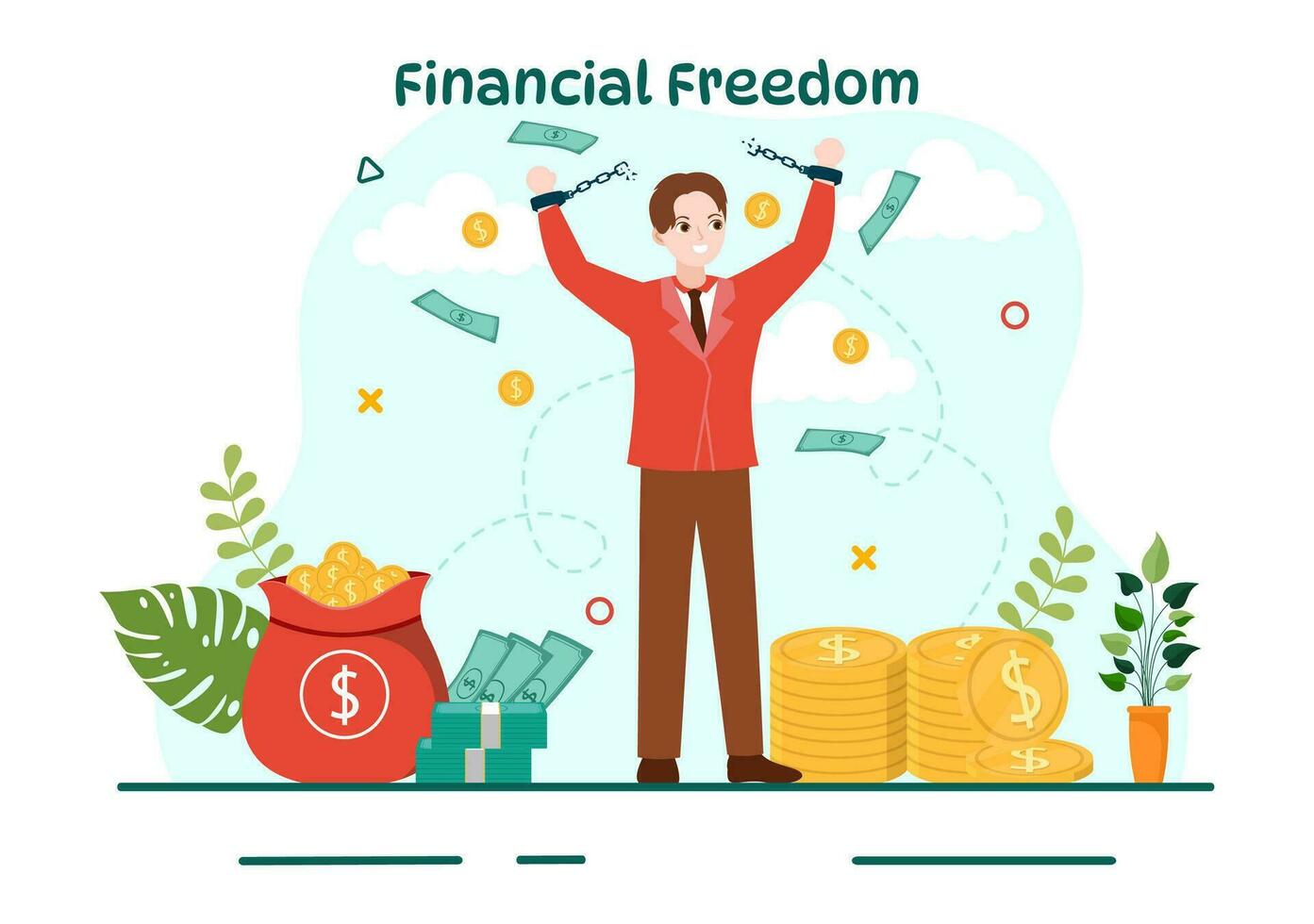 financiero libertad vector ilustración con monedas y dólar a salvar dinero, inversión, eliminar deuda, gastos y pasivo ingresos en plano antecedentes