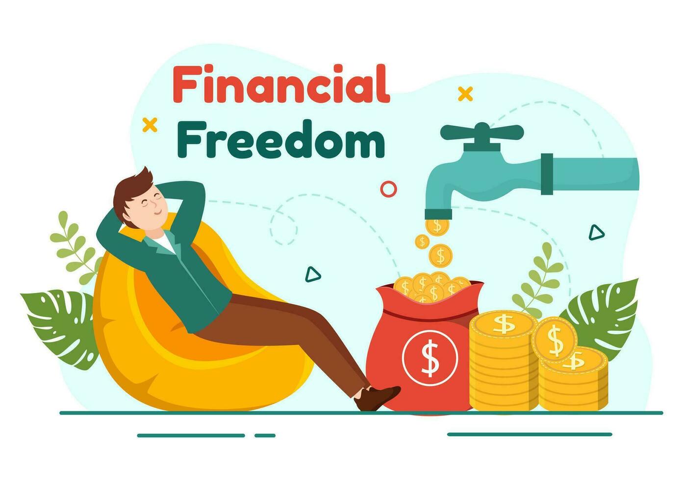 financiero libertad vector ilustración con monedas y dólar a salvar dinero, inversión, eliminar deuda, gastos y pasivo ingresos en plano antecedentes