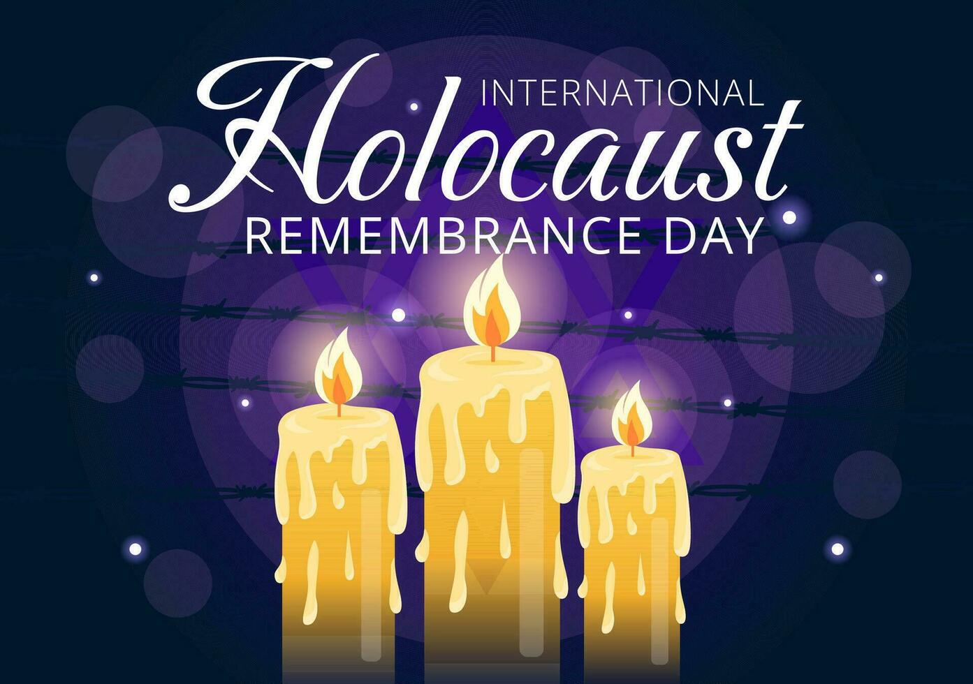 internacional holocausto remembranza día vector ilustración en 27 enero con amarillo estrella y vela a conmemora el víctimas en plano antecedentes