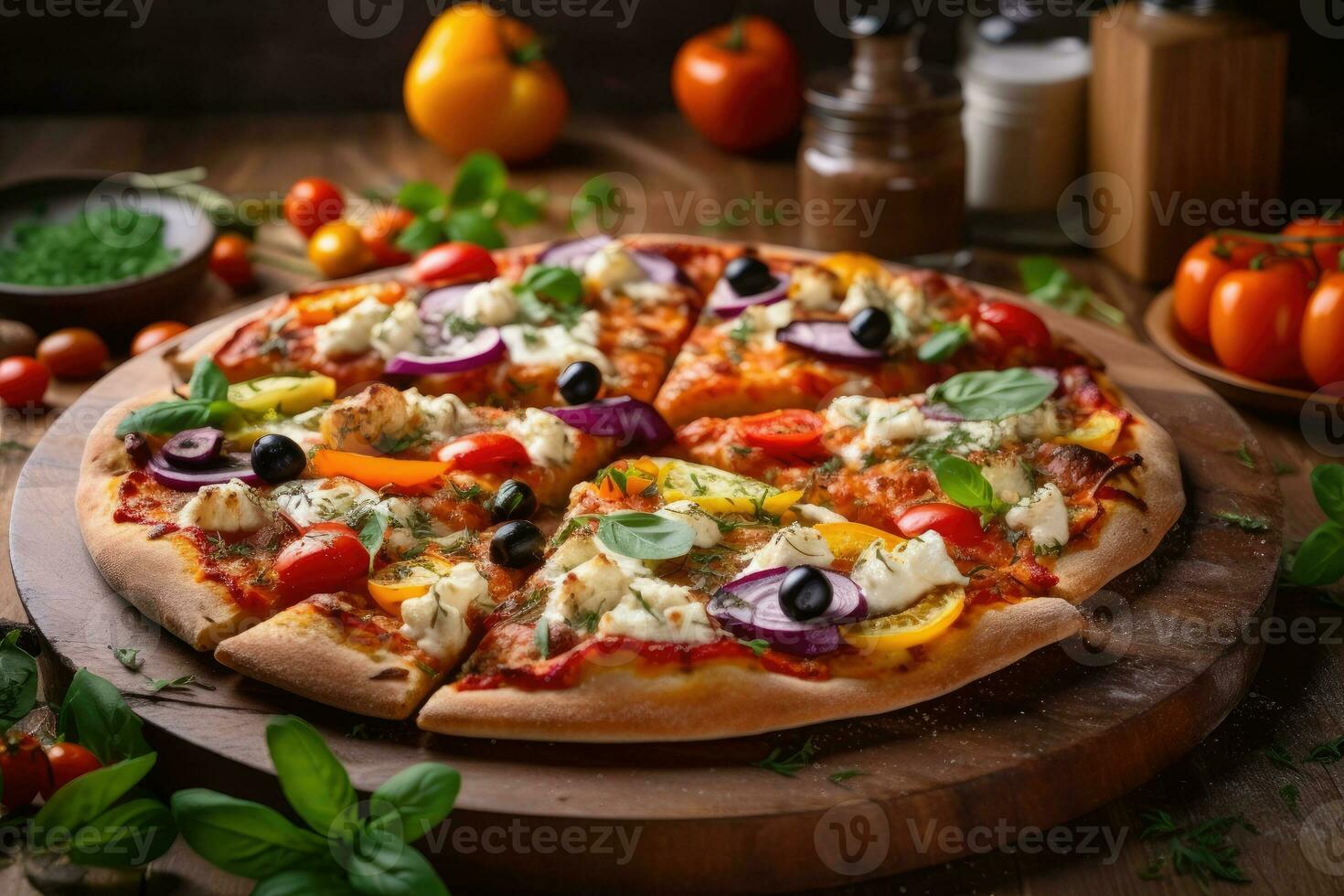 Savor the Flavor - A Mouthwatering Vegetarian Pizza on a Rustic Wooden Board - AI generated photo