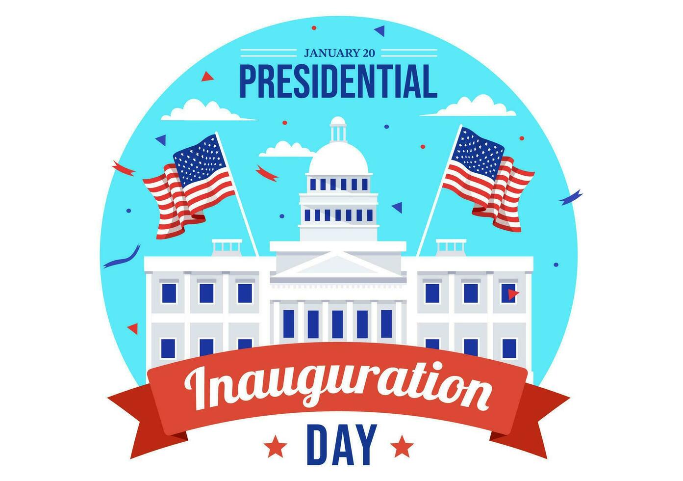 Estados Unidos presidencial inauguración día vector ilustración enero 20 con Capitolio edificio Washington corriente continua y americano bandera en antecedentes diseño