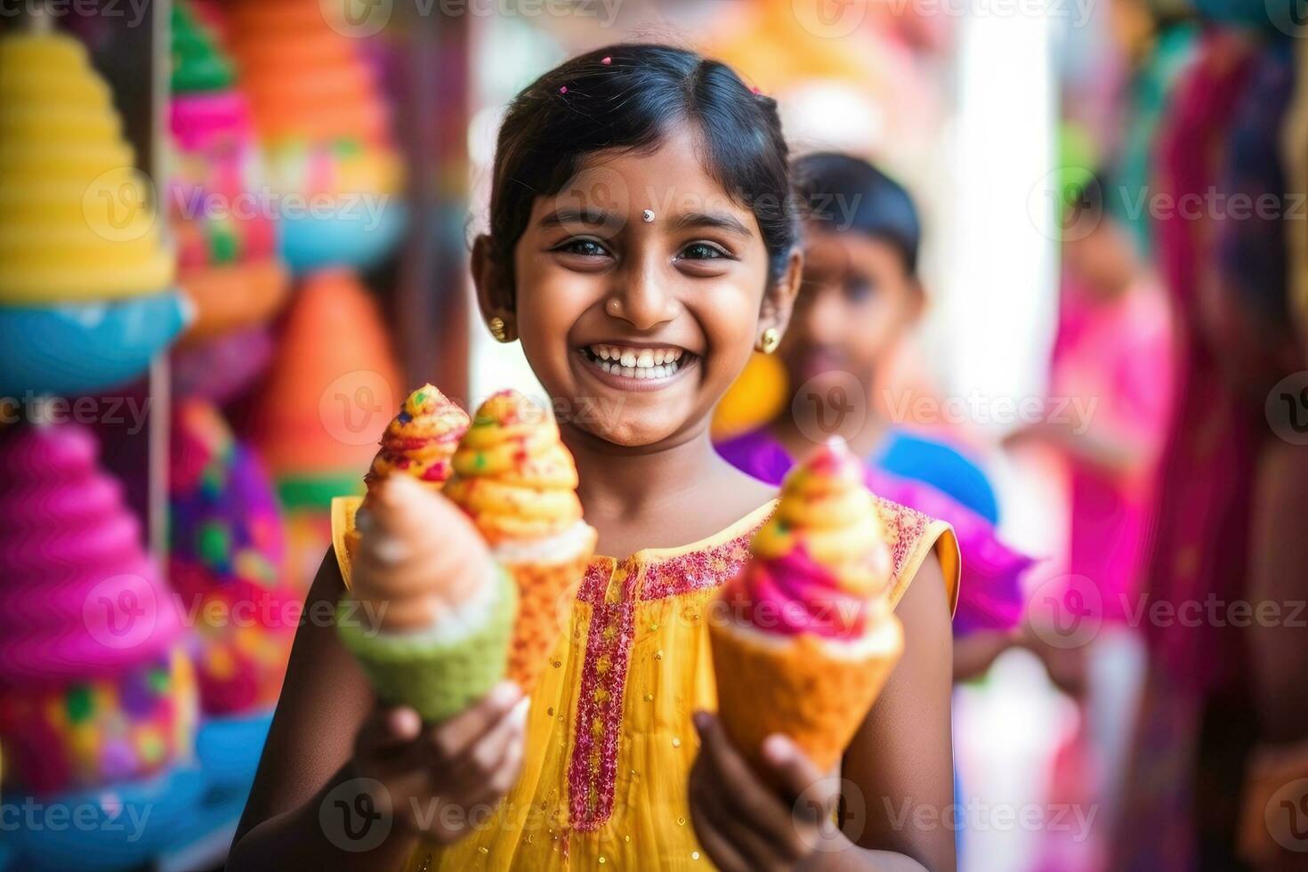 Colorful Ice Cream Cone Delights Child with Joyful Smile in Close-up Photo at Ice Cream Shop - AI generated