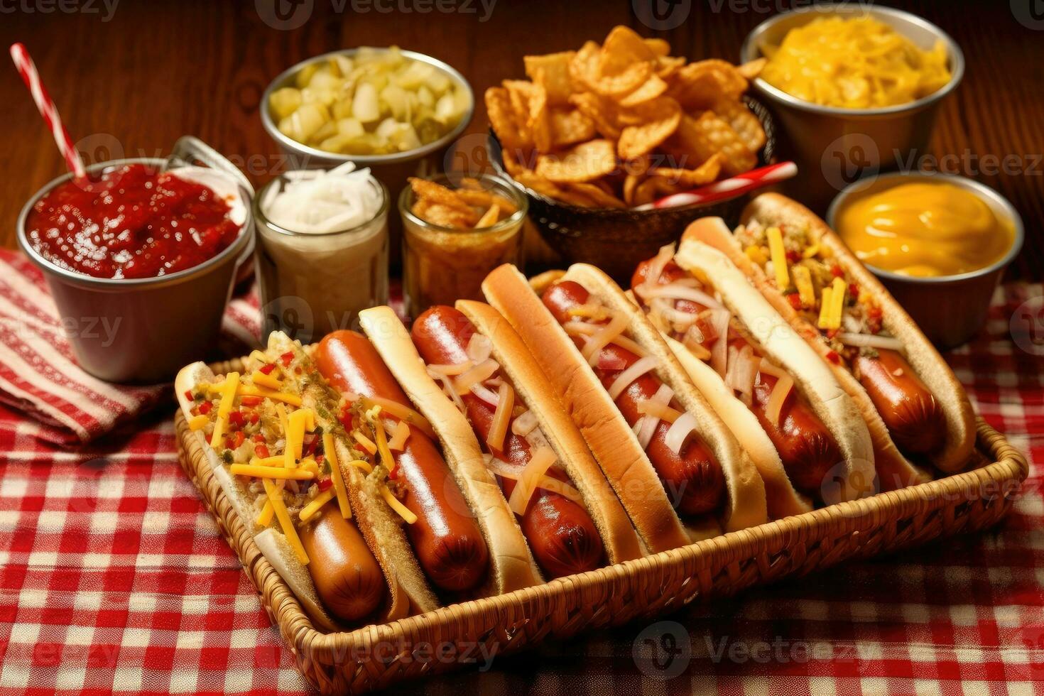 Outdoor Event Must-Have - Delicious Hot Dogs on a Red and White Checkered Tray - AI generated photo