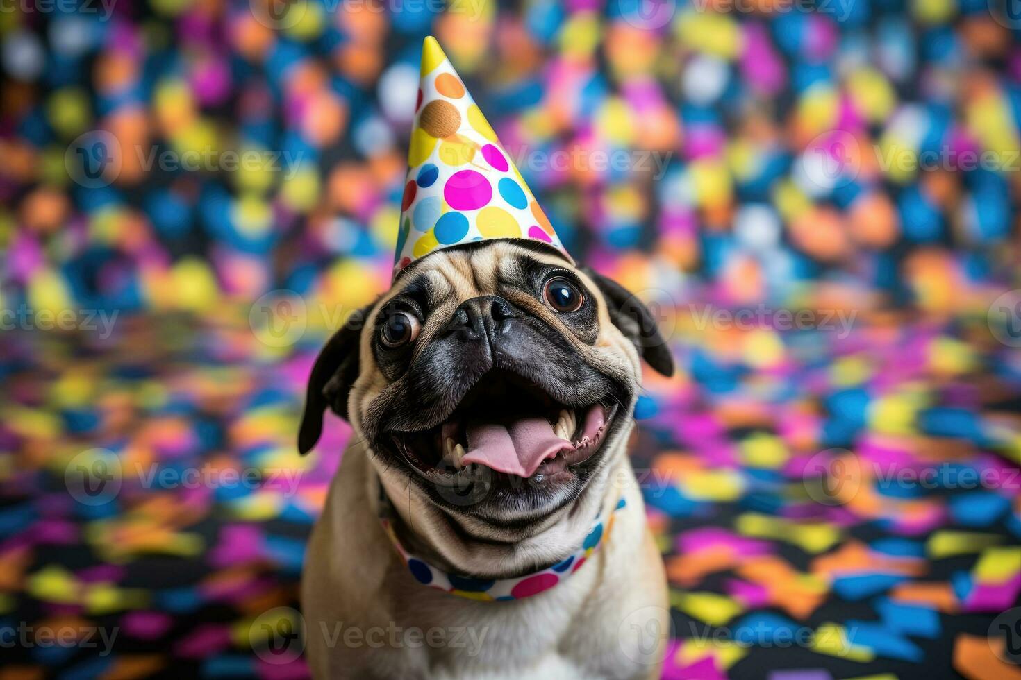 Pug-tastic Party - A Colorful Close-Up of a Playful Pup - AI generated photo