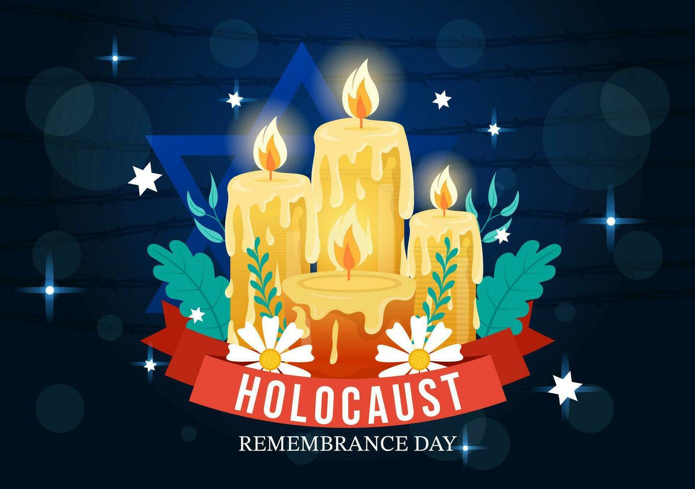 internacional holocausto remembranza día vector ilustración en 27 enero con amarillo estrella y vela a conmemora el víctimas en plano antecedentes