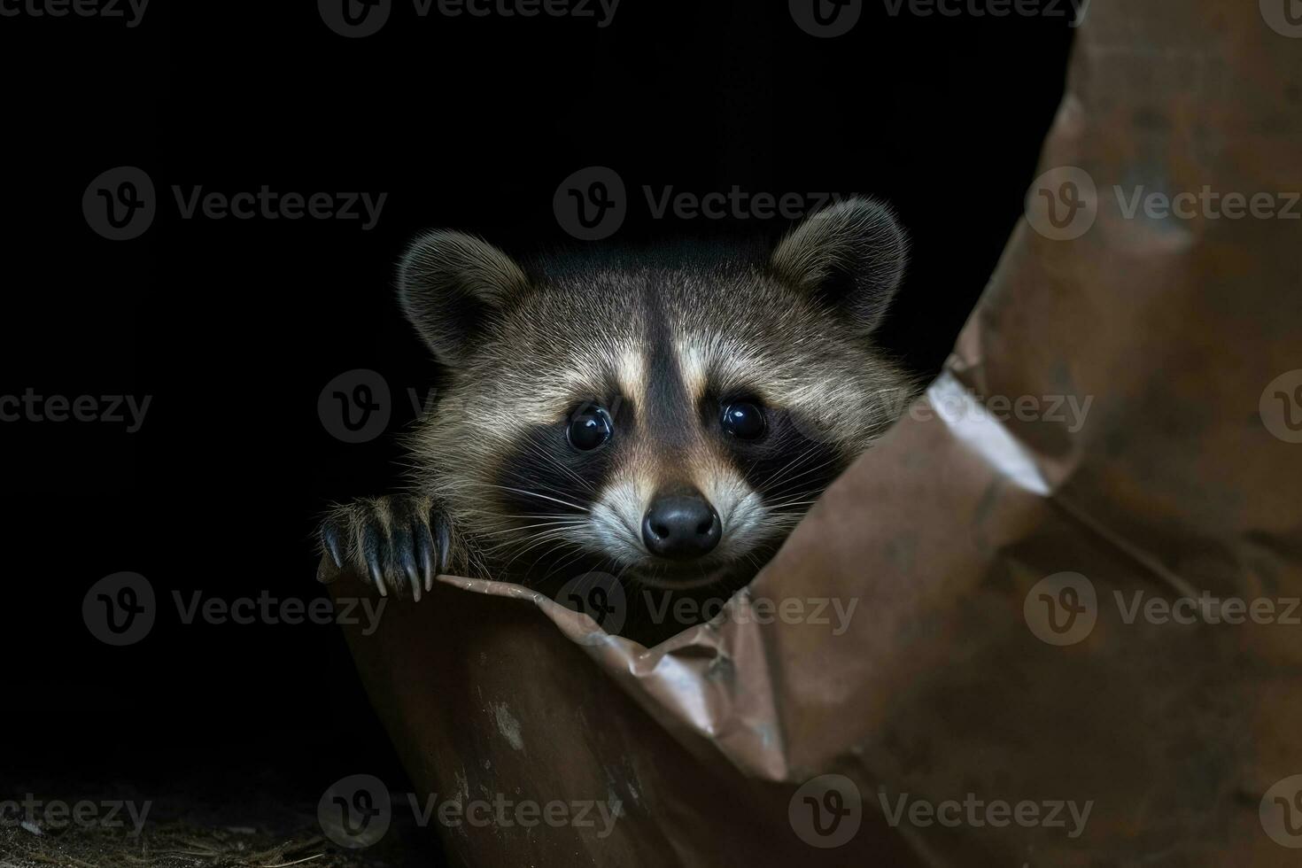 Documenting Urban Wildlife - A Trash Can Encounter with a Playful Raccoon - AI generated photo