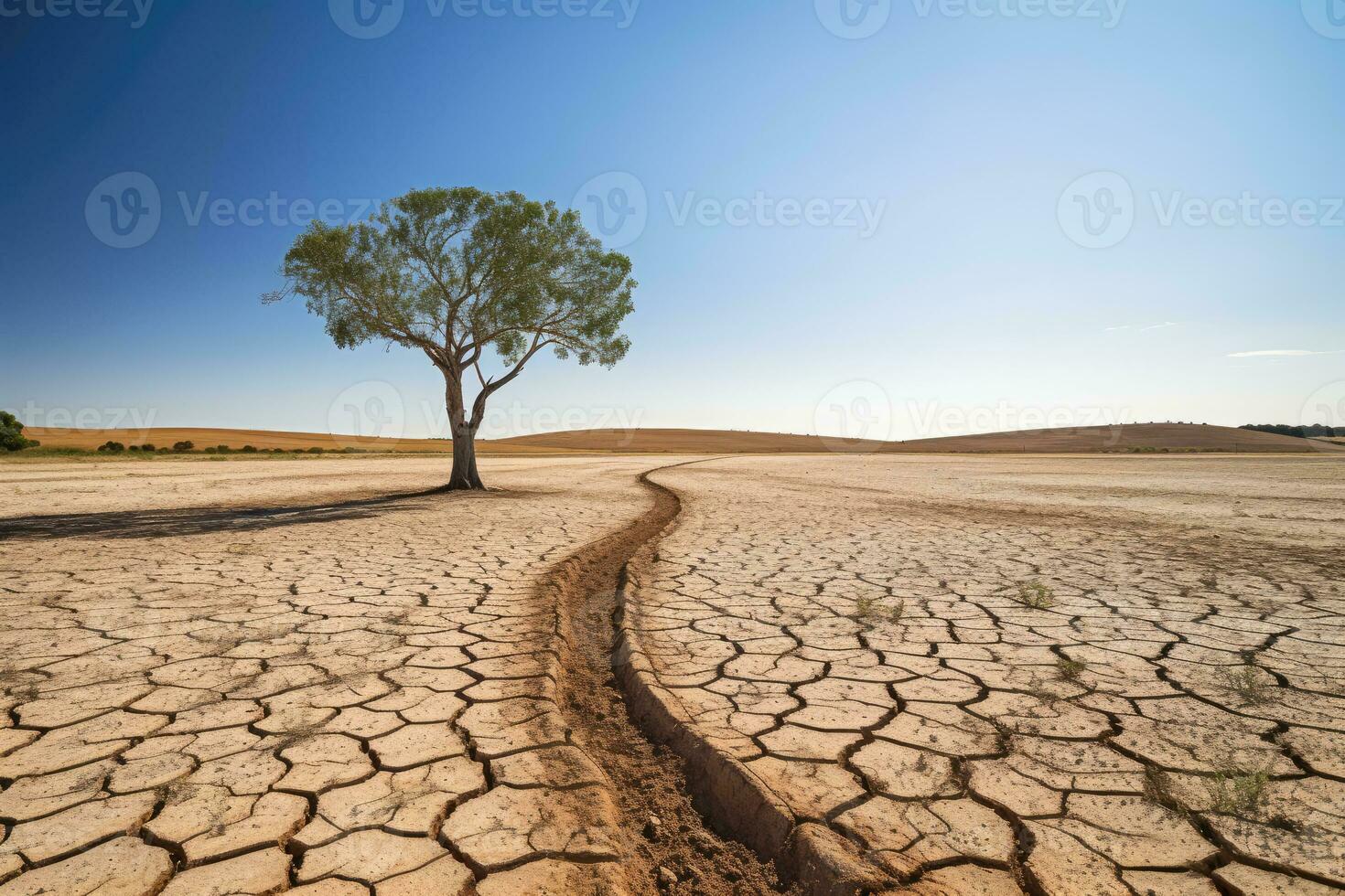 Drought-Stricken Farm - Barren Landscape with Lone Tree, Depicting Environmental Degradation and Climate Change - AI generated photo