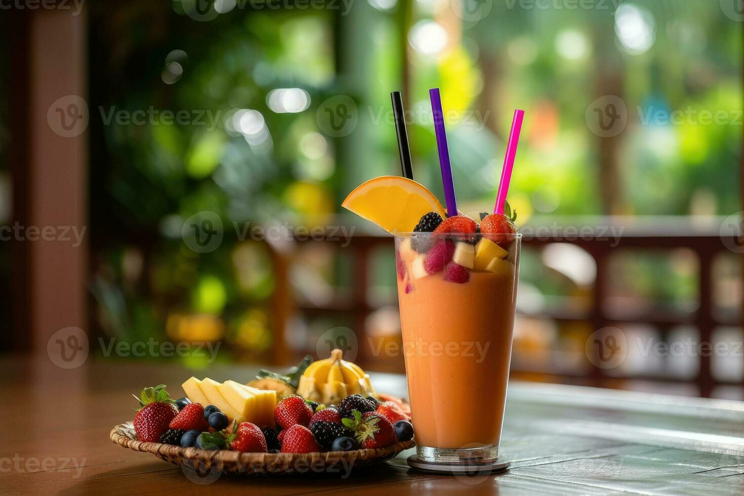 Refreshing Tropical Smoothie with Fresh Fruit and Paper Straw on Wooden Table in Lush Green Jungle - Still Life Lifestyle Image - AI generated photo