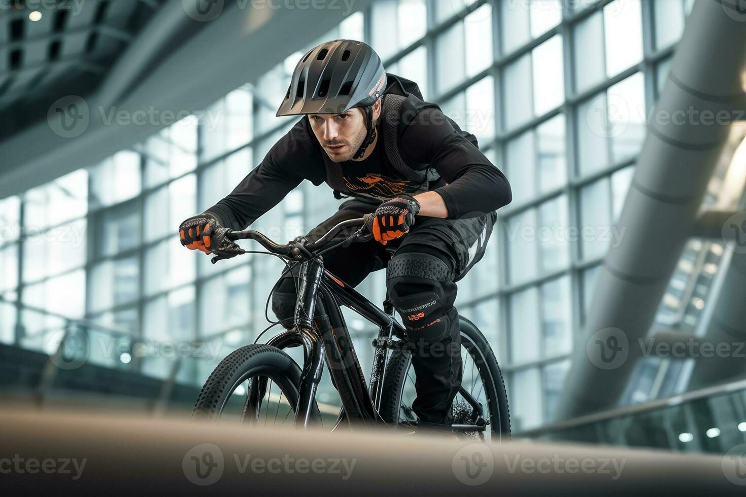 Intense BMX Rider Grinding Rail with Determination at Skatepark - Action Sports Shot - AI generated photo