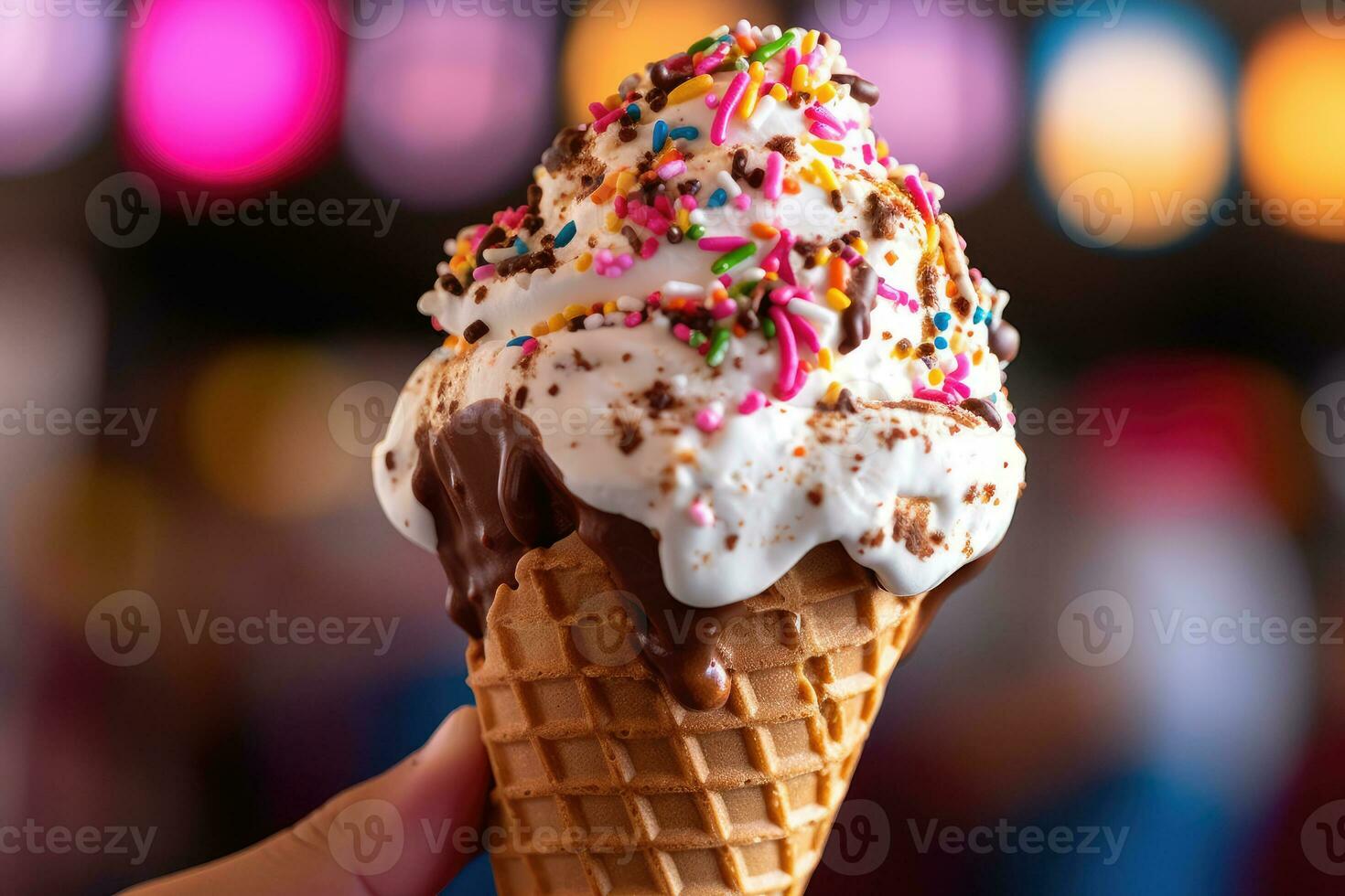 Melting Vanilla Ice Cream Cone with Colorful Sprinkles - Close-up Photo of Tempting Summer Dessert Outdoors - AI generated