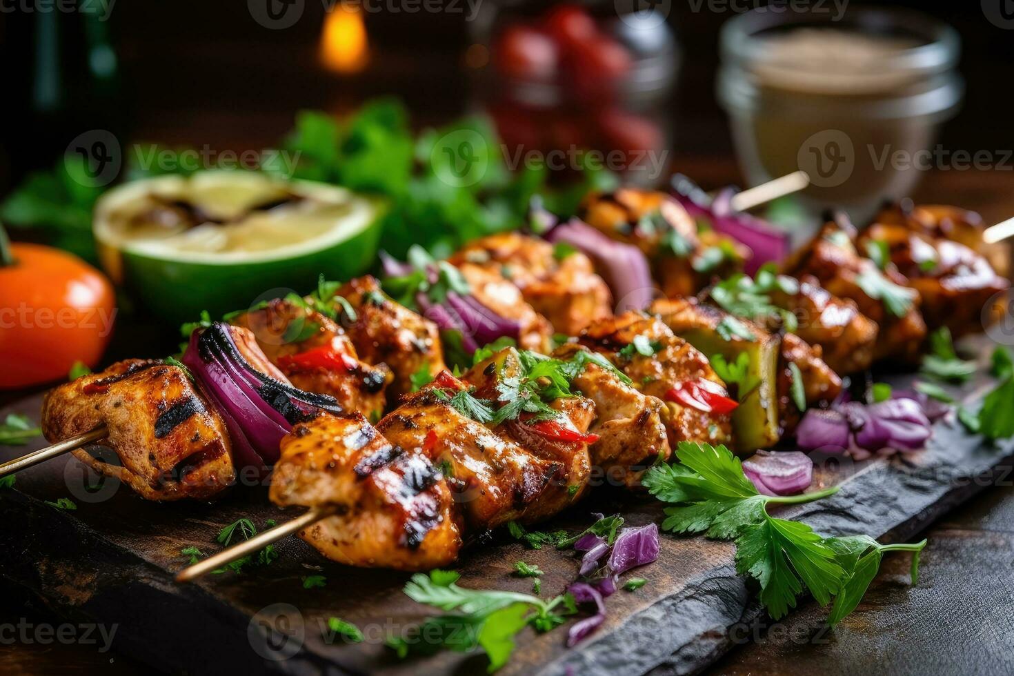 Mouth-watering BBQ Chicken Kebab with Vegetables and Herbs on Skewer, Charred to Perfection - AI generated photo